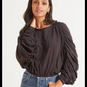 LNA Clothing Ashra Top Washed Black Cotton Ruched Sleeve Cropped